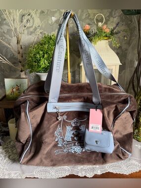 NWT Juicy Couture Brown & Blue Travel Satchel Bag with Charm
